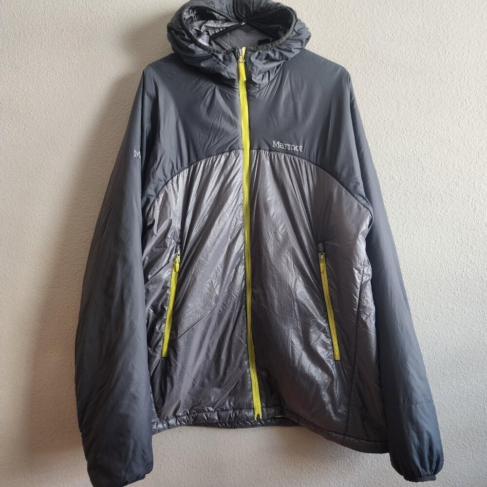 Marmot Jacket Mens XL Gray Yellow Hooded Lightweight Full Zip Outdoor Puffer